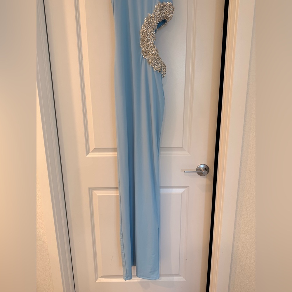 NWOT BRONX AND BANCO Camila Rhinestone Cutout Maxi Dress in powder blue - Picture 5 of 12